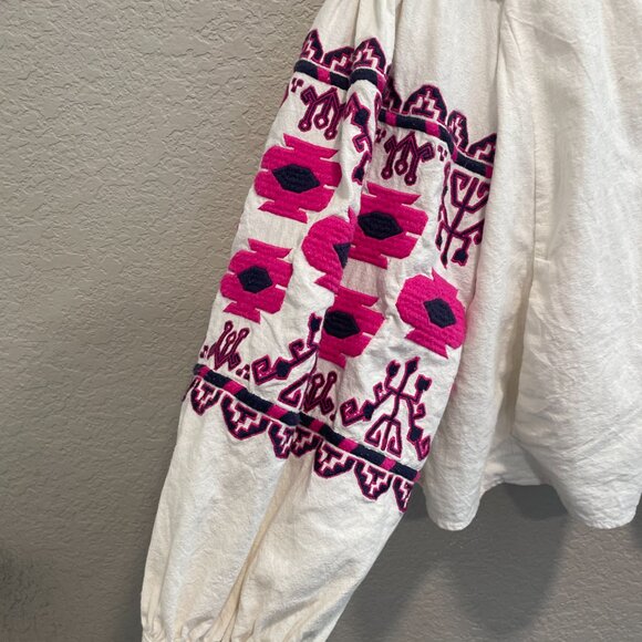 Free People Linen Cotton Bohemian Embroidered Balloon Sleeve Cropped Jacket M - Picture 4 of 8